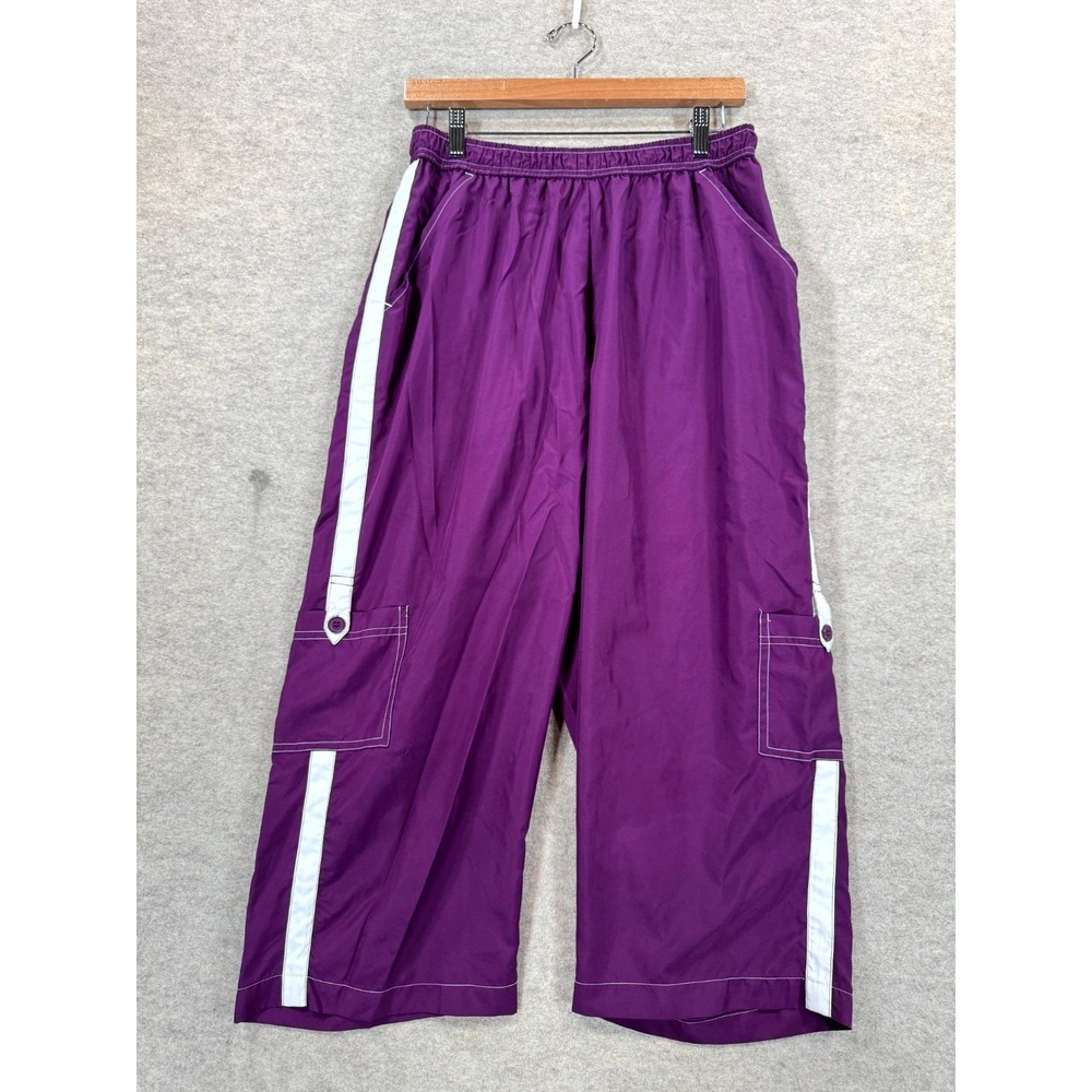 Womens Cargo Track Pants 27 Purple Side Stripes Loose Fit Straight Leg High Rise